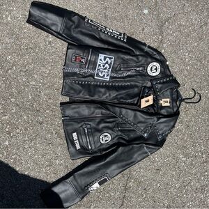 Black Studded Punk Faux Leather Jacket with Patch Details